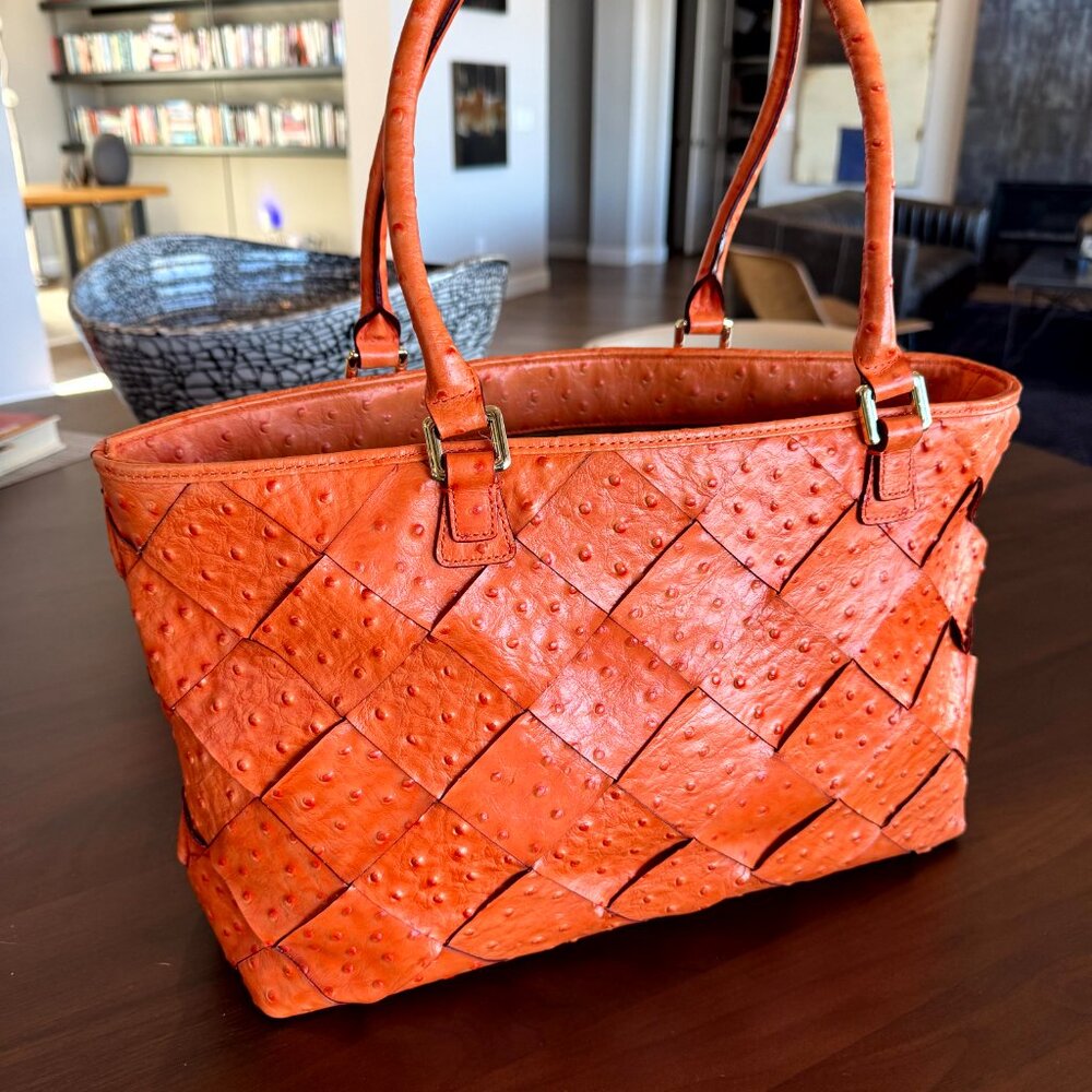 Antonio Melani Melinda Ostrich Embossed Leather XL Shopper Tote Burnt Orange